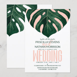 Green Tropical Swiss Cheese Leaf Pink Wedding Invitation