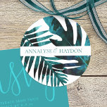 Green & Tropical Teal Island Leaves Wedding Classic Round Sticker<br><div class="desc">Green and tropical teal island leaves wedding sticker is versatile for coastal,  beach wedding themes. Turquoise and green palm leaf & fern can easily be resized and moved. Transfer vibrant tropical leafy plants to a variety of other card shapes.</div>