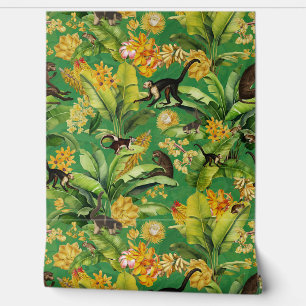 Green Tropical Vintage Monkey Floral Rainforest Wallpaper