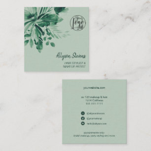 Green tropical watercolor hair makeup logo  square business card