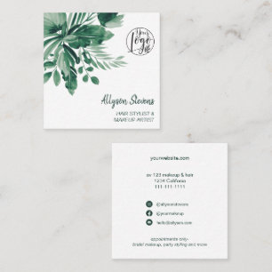 Green tropical watercolor hair makeup logo square business card