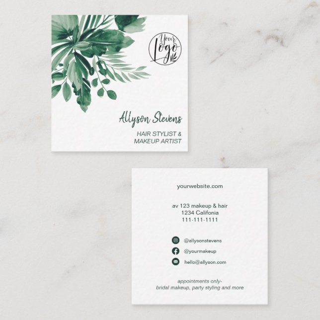 Green tropical watercolor hair makeup logo square business card (Front/Back)