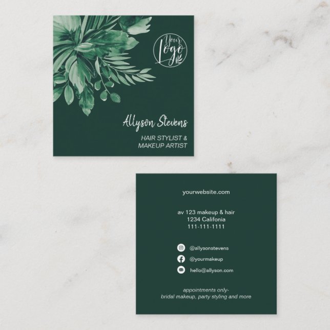 Green tropical watercolor hair makeup logo square business card (Front/Back)