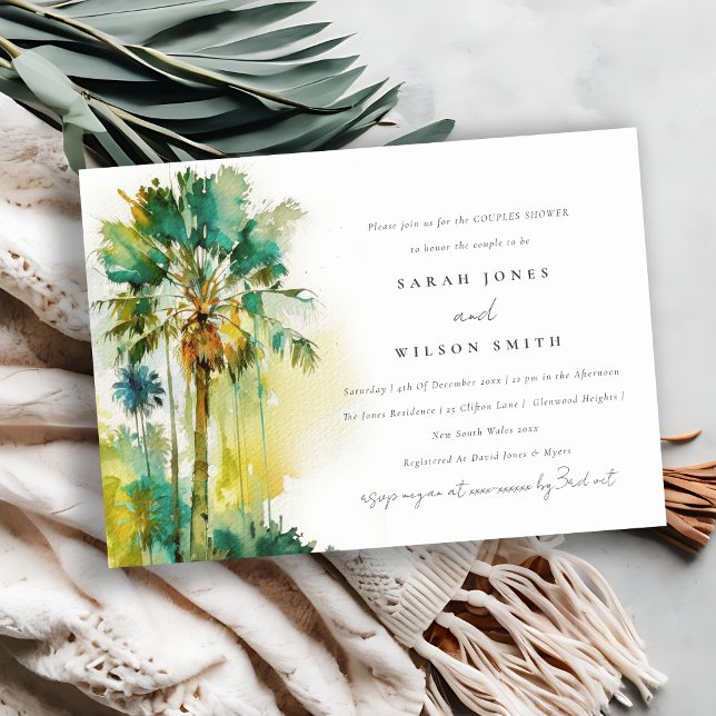 Green Tropical Watercolor Palm Tree Couples Shower Invitation (Creator Uploaded)