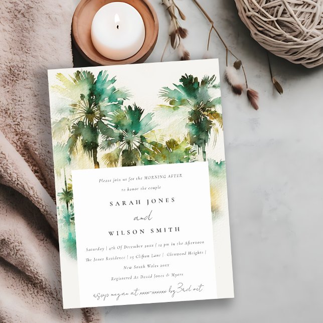Green Tropical Watercolor Palm Trees Morning After Invitation (Creator Uploaded)