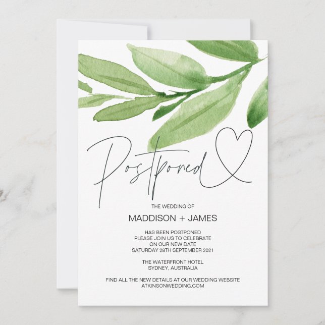Green Tropical Wedding Postponed Change the Date Invitation (Front)