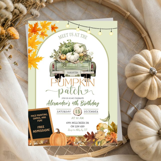 Green Truck Autumn Leaves Pumpkin Patch Birthday Invitation (Creator Uploaded)