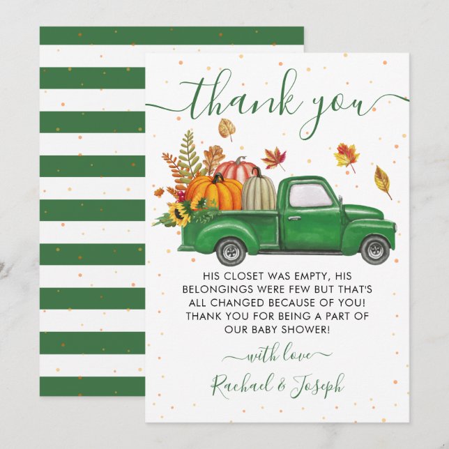 Green Truck Autumn Pumpkin Fall Baby Shower Thank You Card (Front/Back)