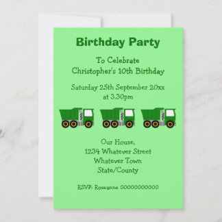 Green Truck Design Boy's Birthday Party Invitation