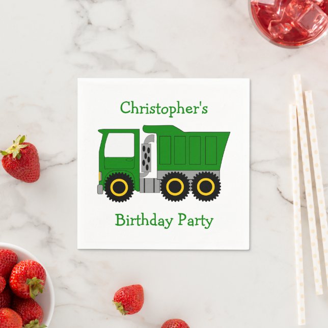 Green Truck Personalised Birthday Party Napkin (Insitu)
