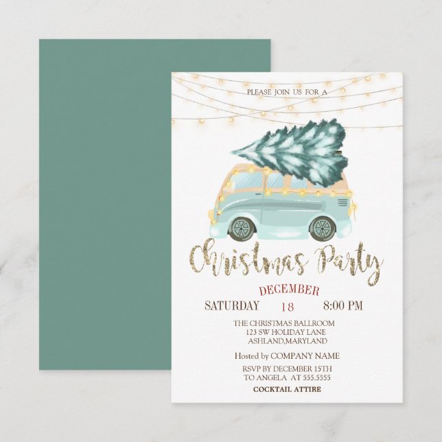 Green Truck Pine Tree,Lights Wood Christmas Party Invitation (Front/Back)