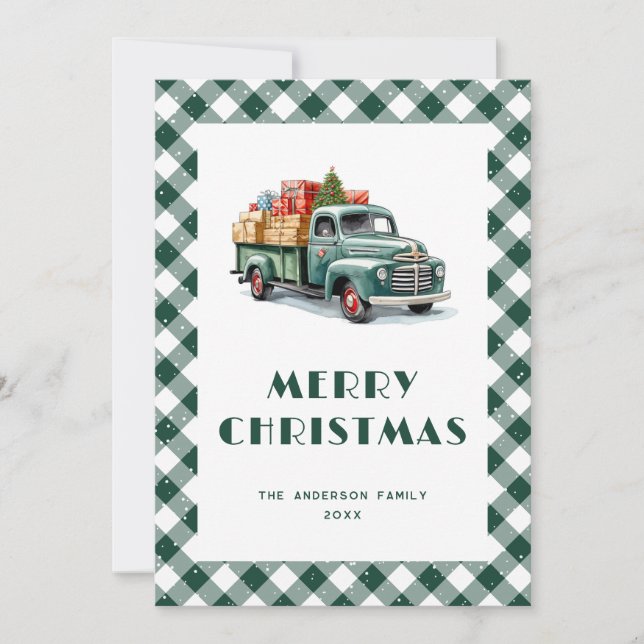 Green Truck Plaid Snowy Merry Christmas Cards (Front)