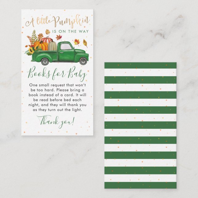 Green Truck Pumpkin Baby Shower Books for Baby Enclosure Card (Front/Back)