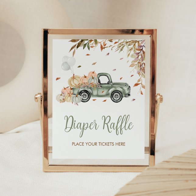 Green Truck Pumpkin Diaper Raffle Baby Shower Poster (Little Pumpkin Green Truck Baby Shower Diaper Raffle Sign)