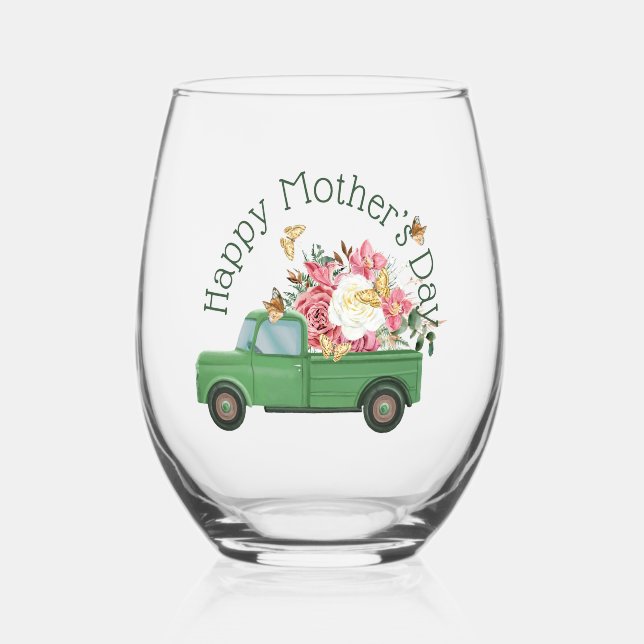 Green Truck Spring Bouquet Stemless Wine Glass (Front)