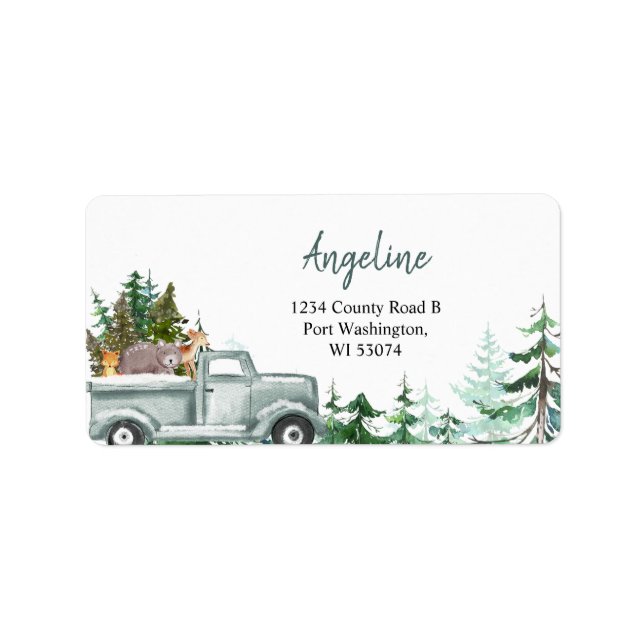 Green Truck Woodland Animals Pine Trees Address  Label (Front)