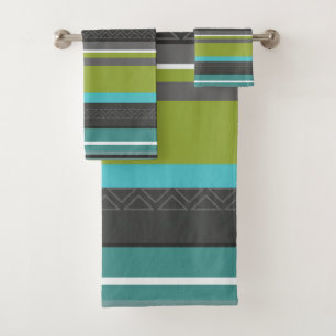 Green, Turquoise and Grey Stripes Bath Towel Set