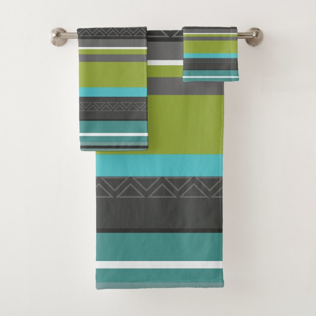 Green, Turquoise and Grey Stripes Bath Towel Set (Insitu)