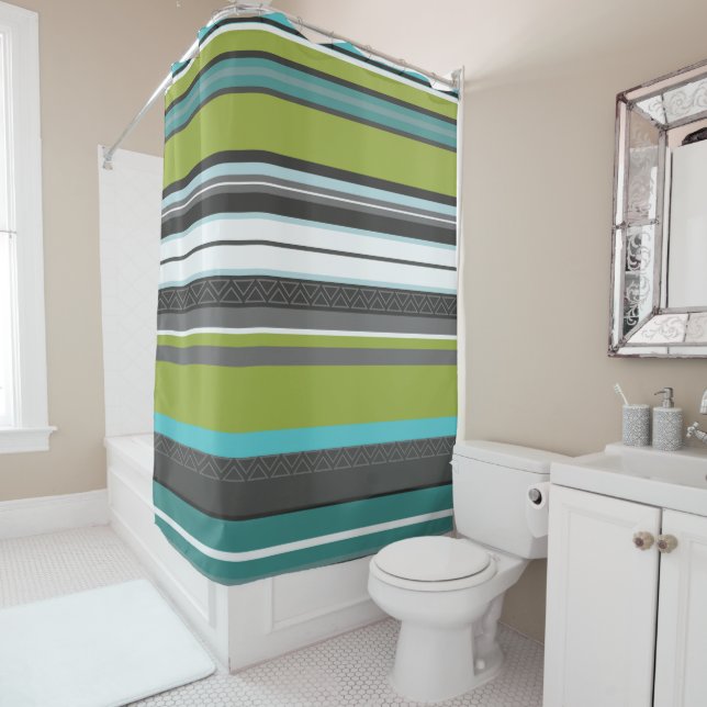 Green, Turquoise and Grey Stripes Shower Curtain (In Situ)