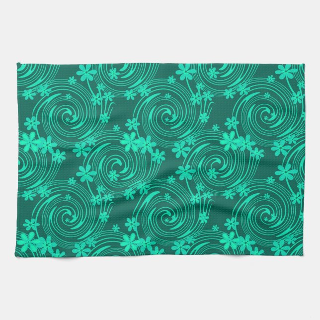 green turquoise bright floral pattern tea towel (Horizontal)