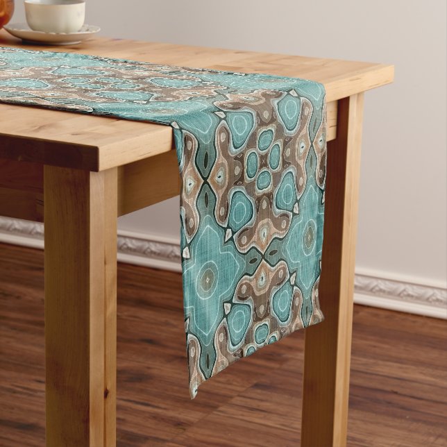 Green Turquoise Brown Hip Bohemian Bali Art Motif Short Table Runner (In Situ)