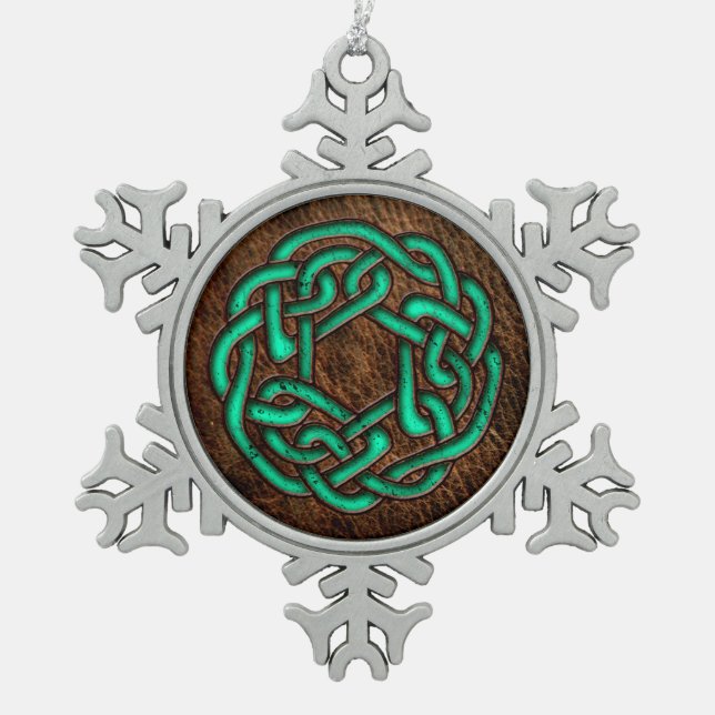 Green turquoise celtic knot on leather digital art snowflake pewter christmas ornament (Front)