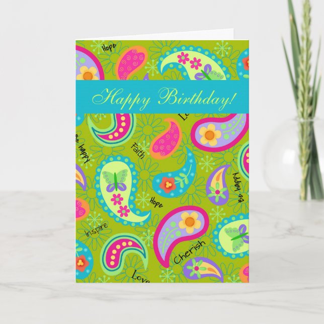 Green & Turquoise Customise Paisley Happy Birthday Card (Front)