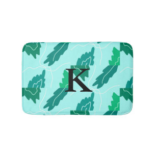 Green turquoise leaves floral pattern add monogram bath mat