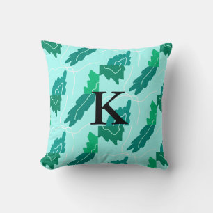 Green turquoise leaves floral pattern add monogram cushion
