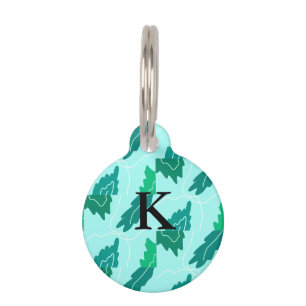 Green turquoise leaves floral pattern add monogram pet tag