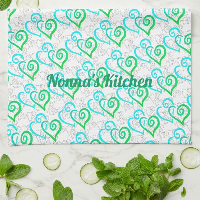 Green Turquoise Linked Heart Art Custom Tea Towel (Folded)