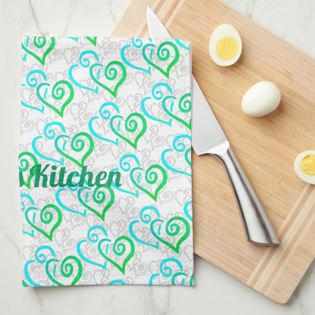 Green Turquoise Linked Heart Art Custom Tea Towel (Quarter Fold)