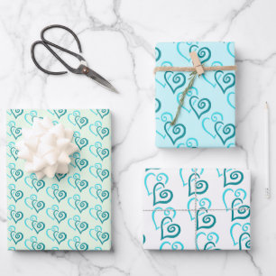 Green Turquoise Linked Heart Pattern Wrapping Paper Sheet