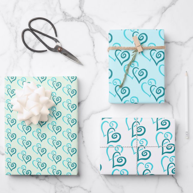 Green Turquoise Linked Heart Pattern Wrapping Paper Sheet (Front)