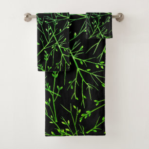Green Twigs on Black Bath Towel Set