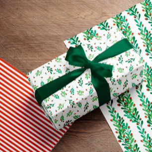 Green Twigs & Red Berries Christmas Patterns Wrapping Paper Sheet