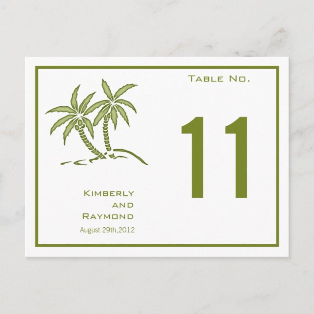 Green Twin Palm Trees Tropical Table Number Card (Front)