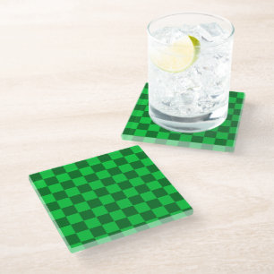 Green Two Toned Chequerboard Pattern Glass Coaster