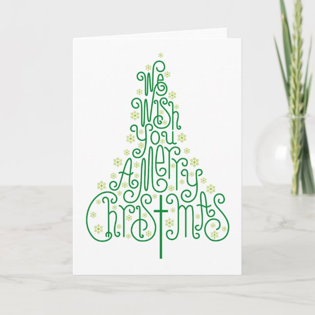 Green typographic Christmas tree Holiday Card (Front)