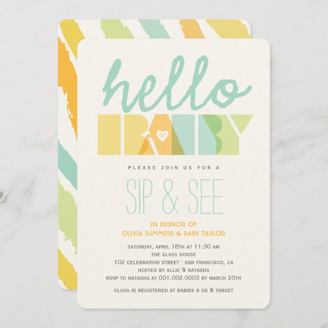 Green Typography Chic Sip & See Hello Baby Shower Invitation (Front/Back)