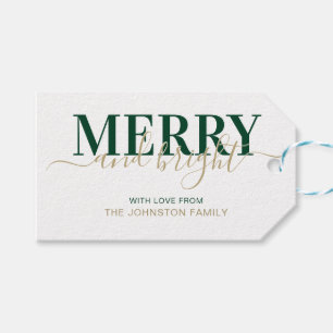 Green typography merry and bright Christmas Gift Tags