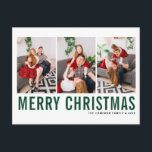Green Typography Merry Christmas Photo Collage Holiday Postcard<br><div class="desc">Merry Christmas! Customisable Christmas photo collage postcard featuring green and black simple typography. Personalise by adding three photos,  names,  year and other details. This modern Christmas postcard is available in other colours and cardstock.</div>
