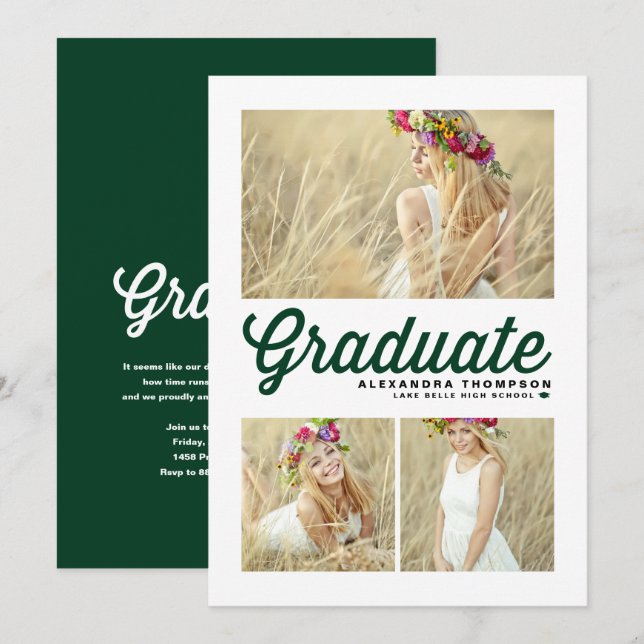 Green Typography Merry Christmas Three Photo Holiday Card (Front/Back)