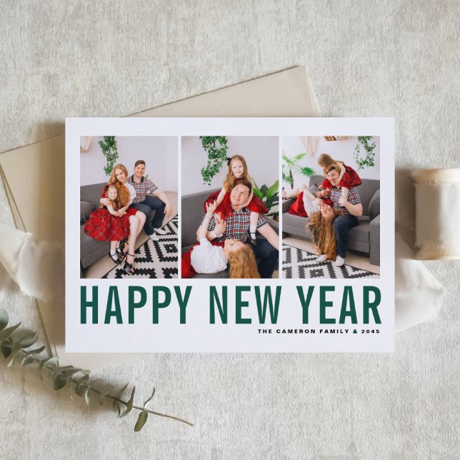 Green Typography Photo Collage Happy New Year Holiday Card (Send new year cheer with this customizable green three-photo-collage Happy New Year Card. )