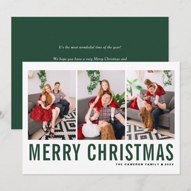 Green Typography Photo Collage Merry Christmas Holiday Card (Front/Back)