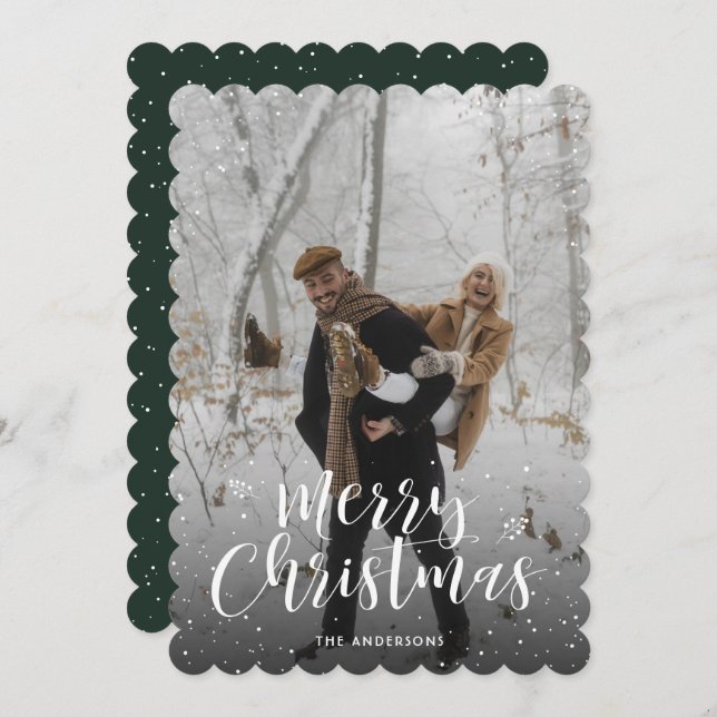Green Typography Snow Photo Merry Christmas Holiday Card (Front/Back)
