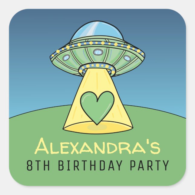 Green UFO Alien Birthday Party Square Sticker (Front)
