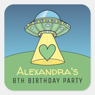 Green UFO Alien Birthday Party Square Sticker
