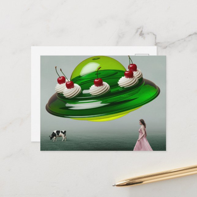 Green UFO Surreal Sweet Treat over a dairy pasture Postcard (Front/Back In Situ)