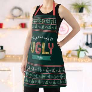 Green Ugly Christmas Sweater Nordic Knit Add Name Apron